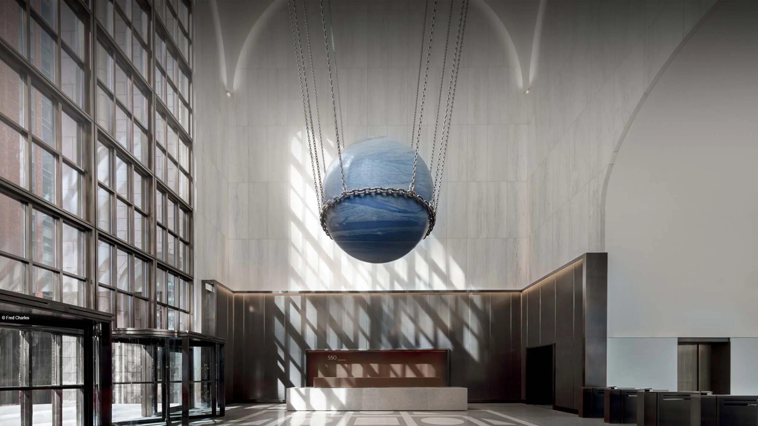 24-tonne sphere sculpture “Solid Sky” by Alicja Kwade, held by cromox® stainless steel chains