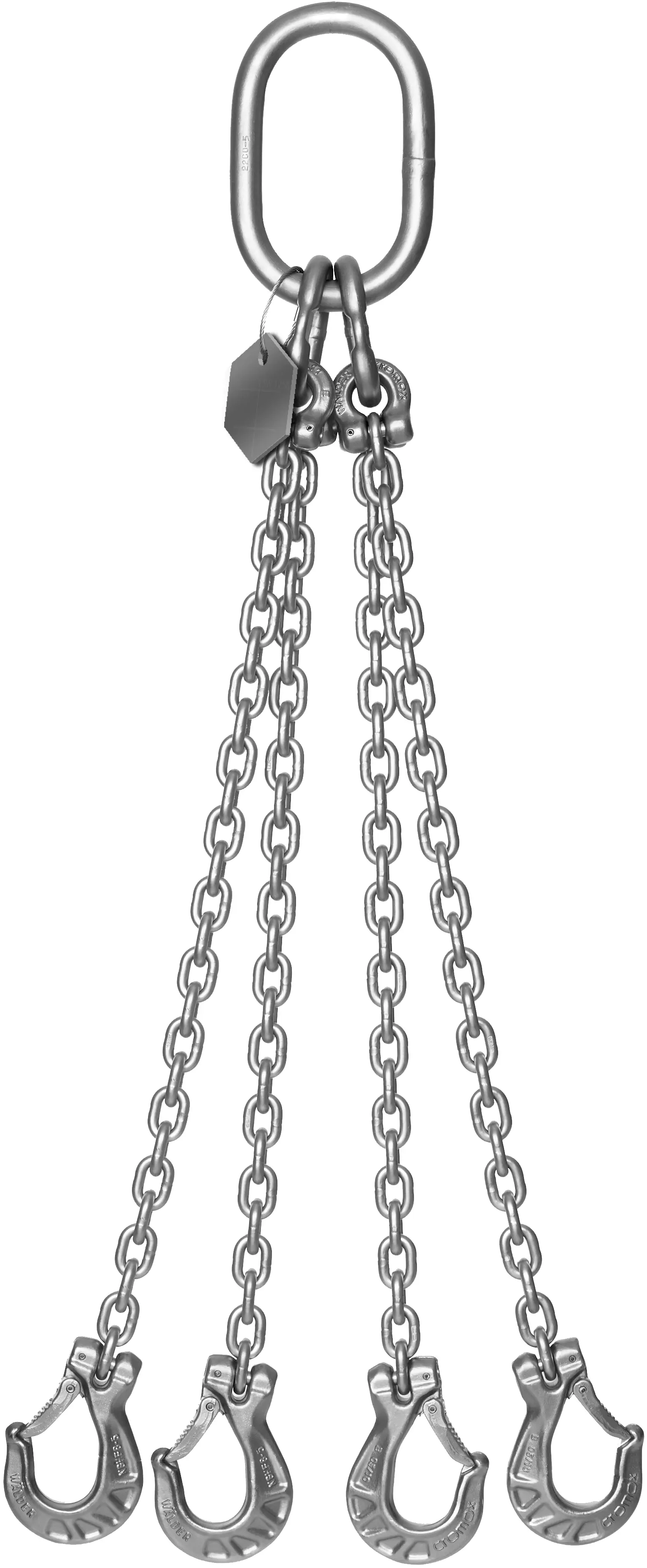 Rostfreie Edelstahl-Anschlagkette (4-strang) von cromox® (Baukastensystem mit Standardaufnahme Gabelschäkel) Rostfreie Edelstahl-Anschlagkette (4-strang) von cromox® (Baukastensystem mit Standardaufnahme Gabelschäkel)