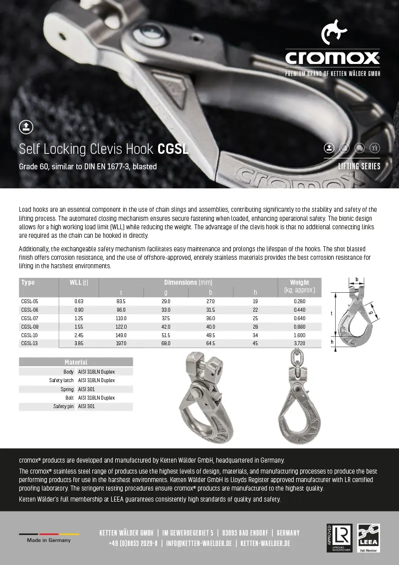 Download :: cromox® Self Locking Clevis Hook CGSL