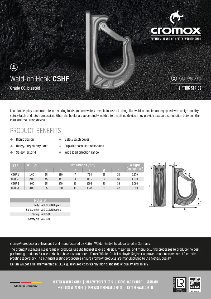 Download :: cromox® Weld-on Hook CSHF