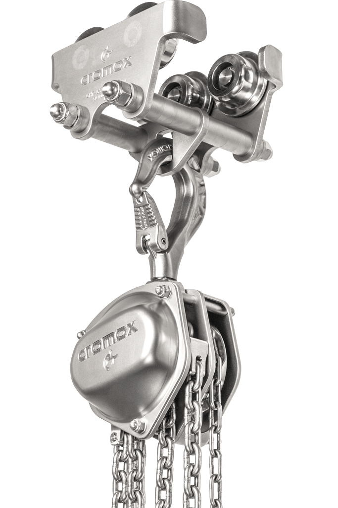Hebezug mit Hebezug-Trolley aus rostfreiem Edelstahl von cromox® - inkl. Kette Hebezug mit Hebezug-Trolley aus rostfreiem Edelstahl von cromox® - inkl. Kette