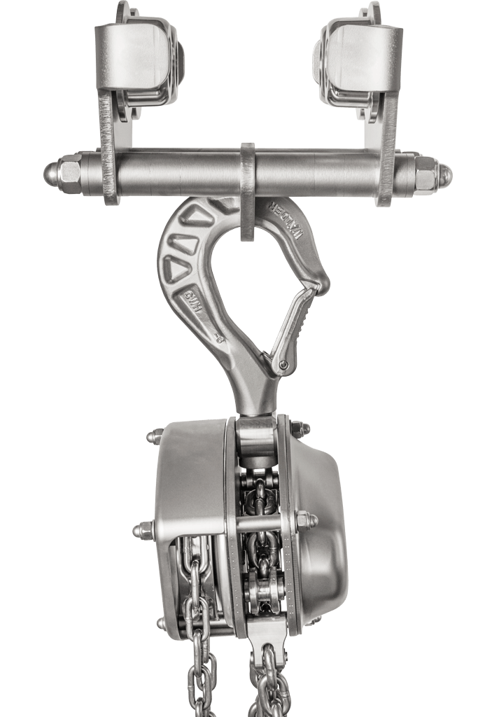 Hebezug mit Hebezug-Trolley aus rostfreiem Edelstahl von cromox® - inkl. Kette (Seitenansicht) Hebezug mit Hebezug-Trolley aus rostfreiem Edelstahl von cromox® - inkl. Kette (Seitenansicht)