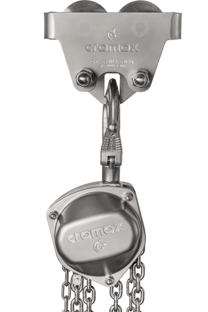 Hebezug mit Hebezug-Trolley aus rostfreiem Edelstahl von cromox® - inkl. Kette (Frontalansicht) Hebezug mit Hebezug-Trolley aus rostfreiem Edelstahl von cromox® - inkl. Kette (Frontalansicht)