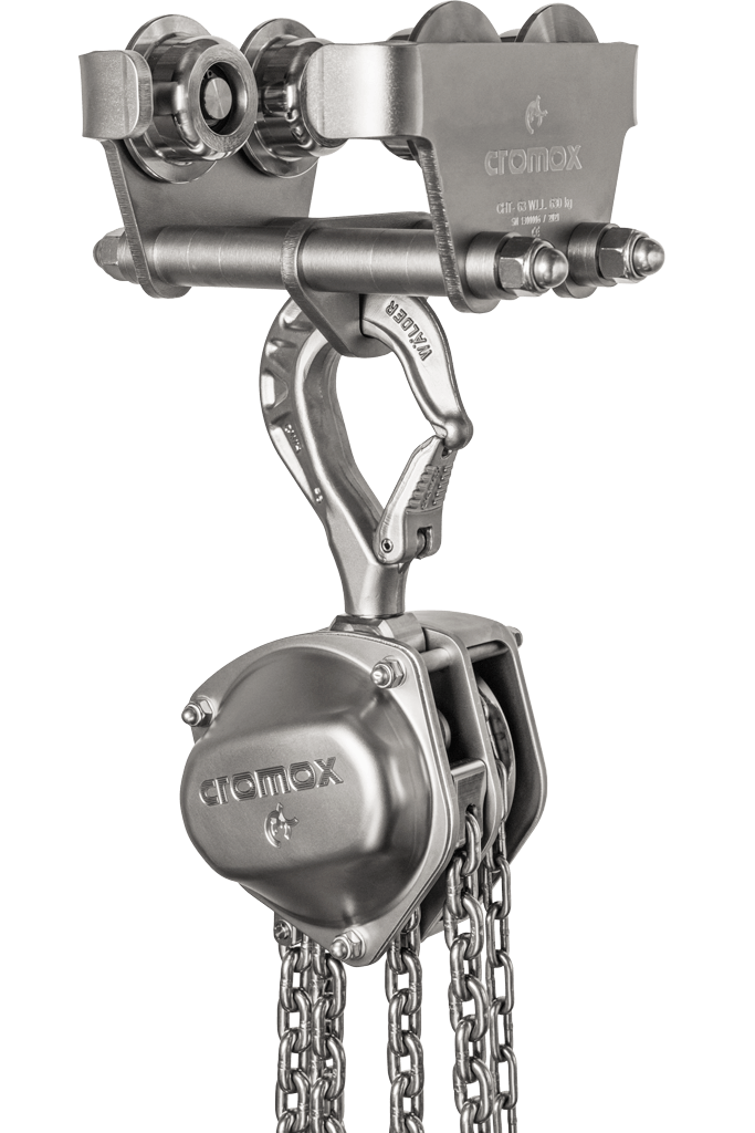 Hebezug mit Hebezug-Trolley aus rostfreiem Edelstahl von cromox® - inkl. Kette Hebezug mit Hebezug-Trolley aus rostfreiem Edelstahl von cromox® - inkl. Kette